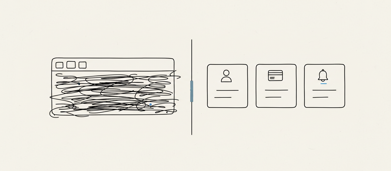 One crowded settings dialog with overlapping tabs on the left, versus three separate clean settings cards for profile, billing, and notifications on the right