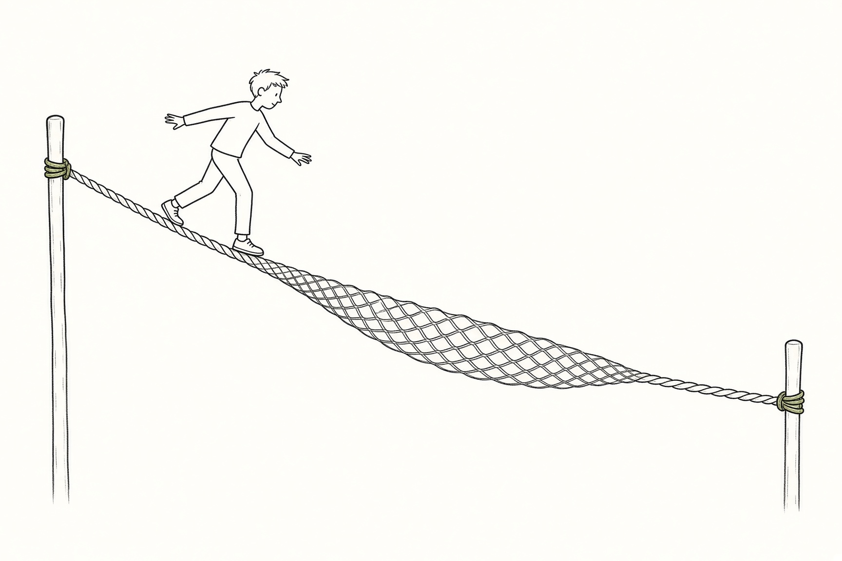 Someone walking a tightrope where the safety net is woven into the rope itself