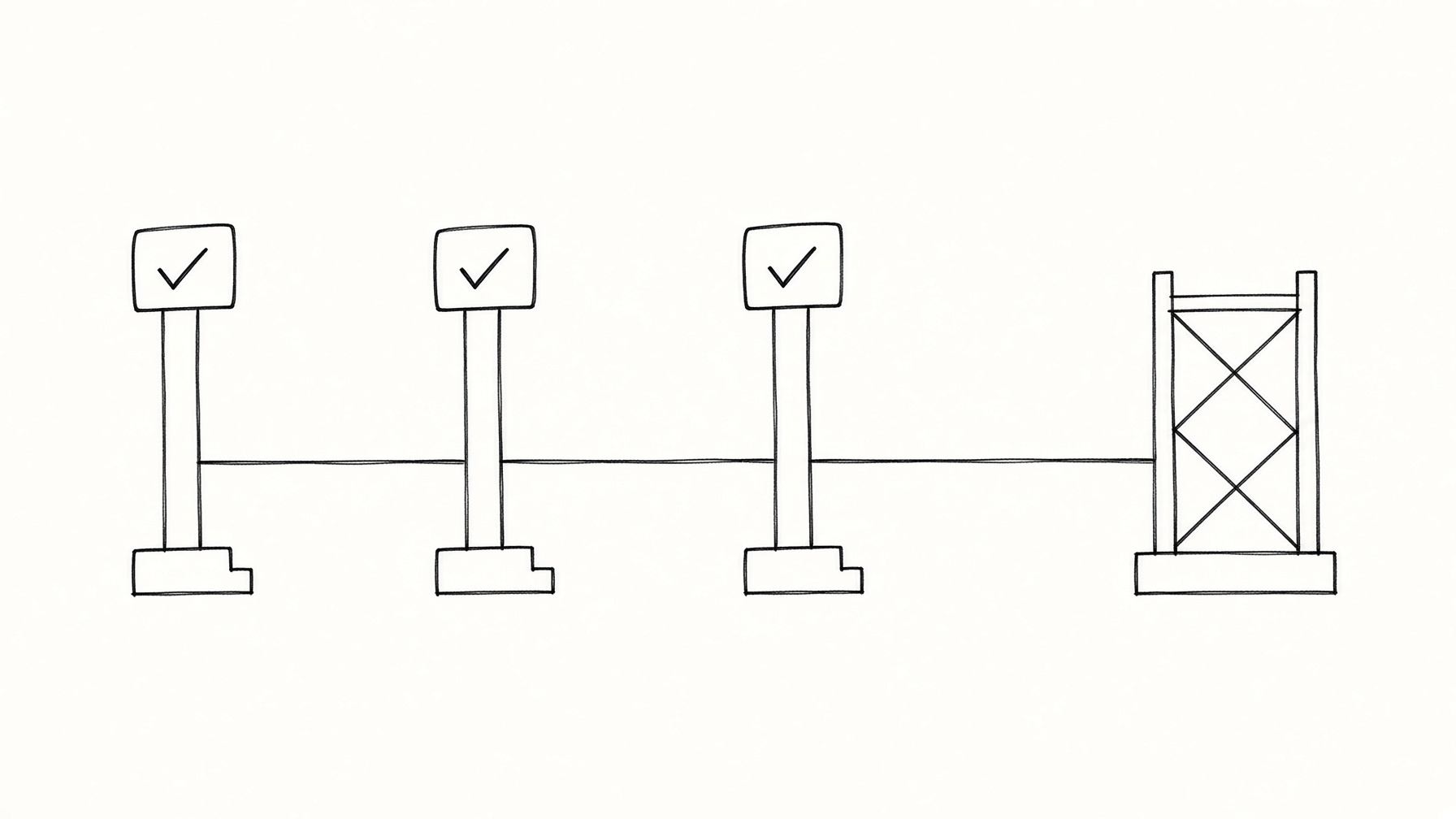 A checkpoint gate with three checked posts and one still under construction