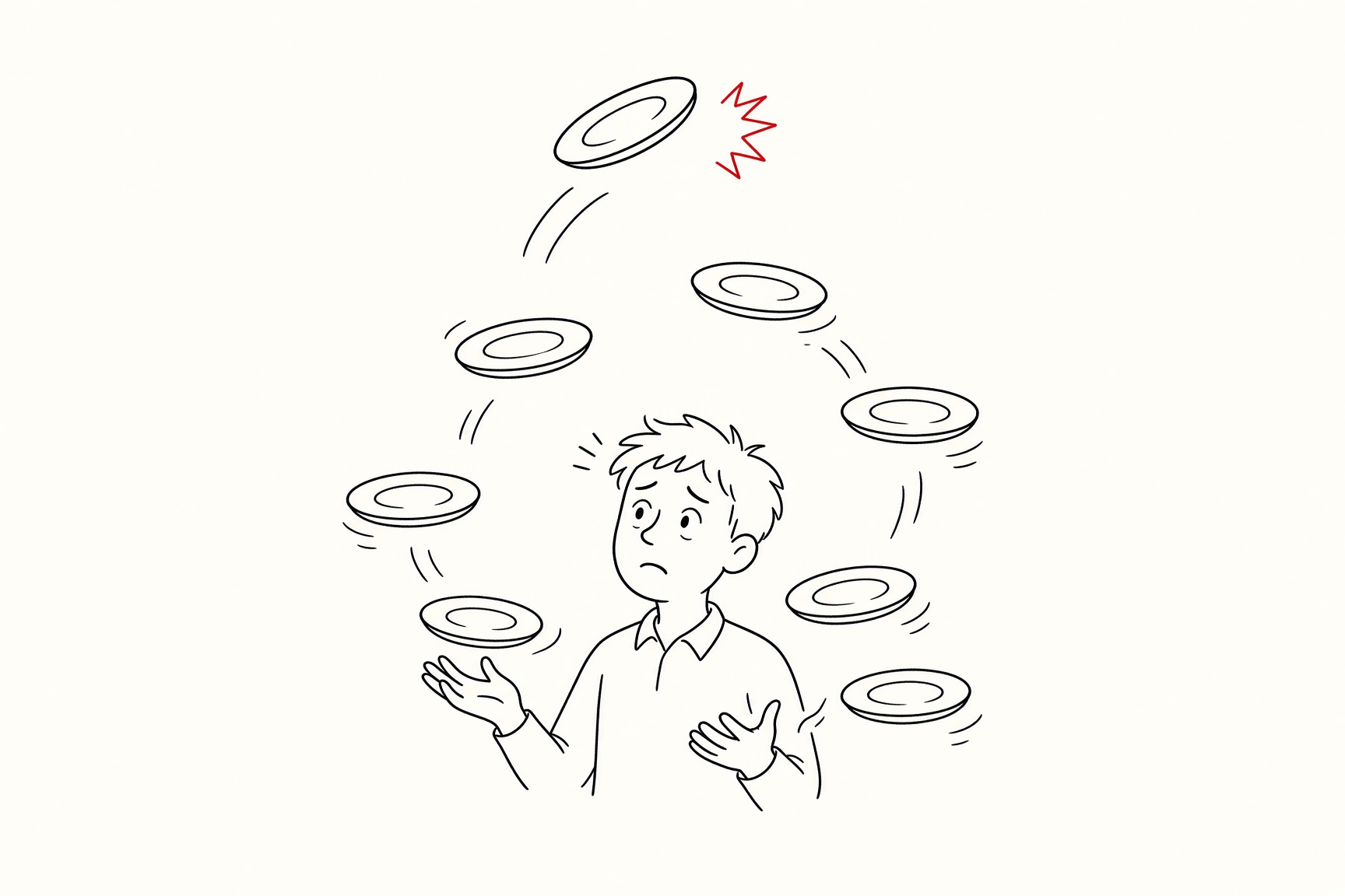Someone juggling too many plates, one about to fall